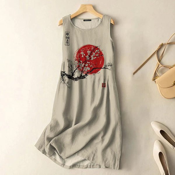 Vintage Japanese Ink Flower Sunrise Art Print Sleeveless Midi Dress