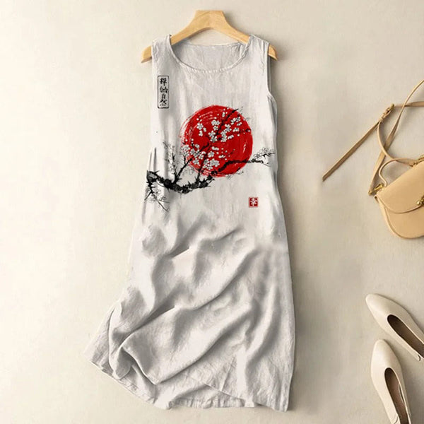 Vintage Japanese Ink Flower Sunrise Art Print Sleeveless Midi Dress