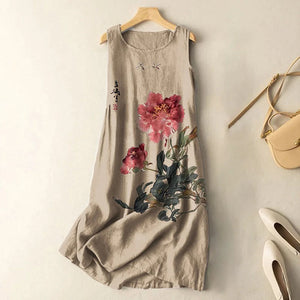 Vintage Japanese Ink Flower Calligraphy Art Print Sleeveless Midi Dress