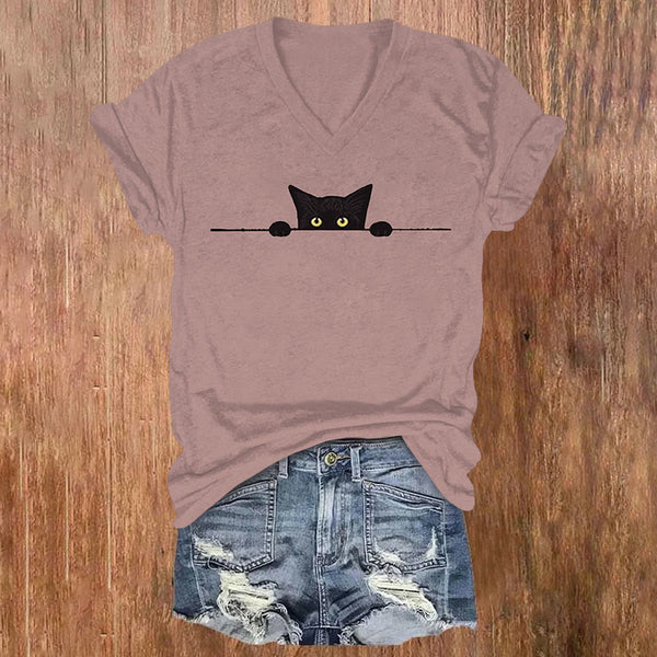 Women's Casual Black Cat Print V-neck T-shirt