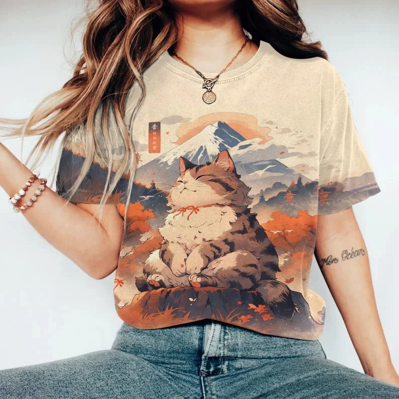 Casual Cat And Mountain Landscape Print Crew Neck T-shirt