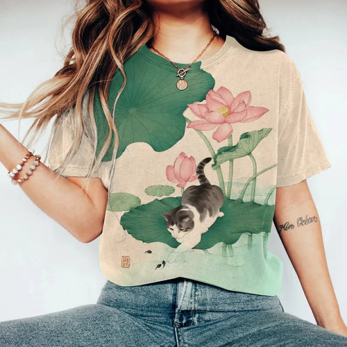 Casual Cute Cat And Lotus Print Crew Neck T-shirt