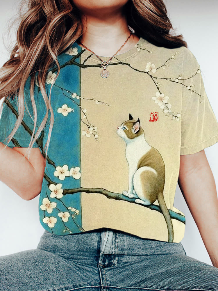 Cat & Flower Japanese Art Short Sleeve T-shirt