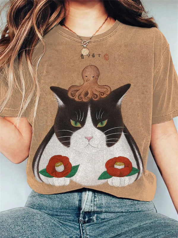 Japanese Art Ocean Cats Print T-shirt