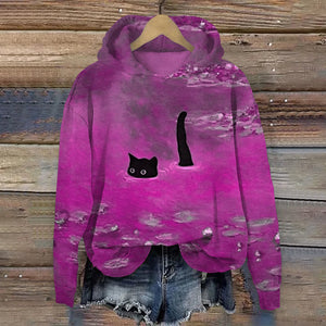 Women's Oil Painting Cat Print Hoodie