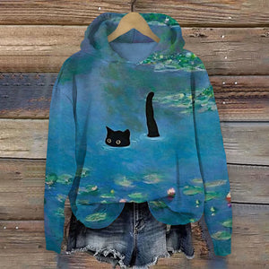 Women's Oil Painting Cat Print Hoodie