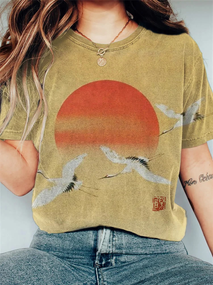 Flying Cranes Sunrise Japanese Art Crew Neck T-shirt