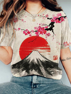 Mount Fuji Cherry Blossom Sunrise Crew Neck T-shirt