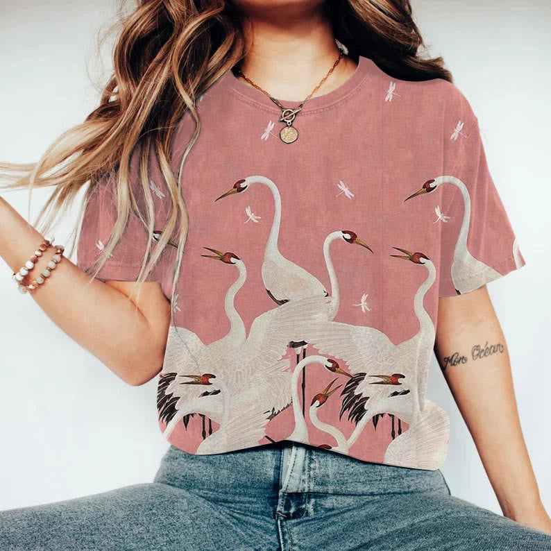 Women Japanese Art Crane Printed Round Neck T-shirt