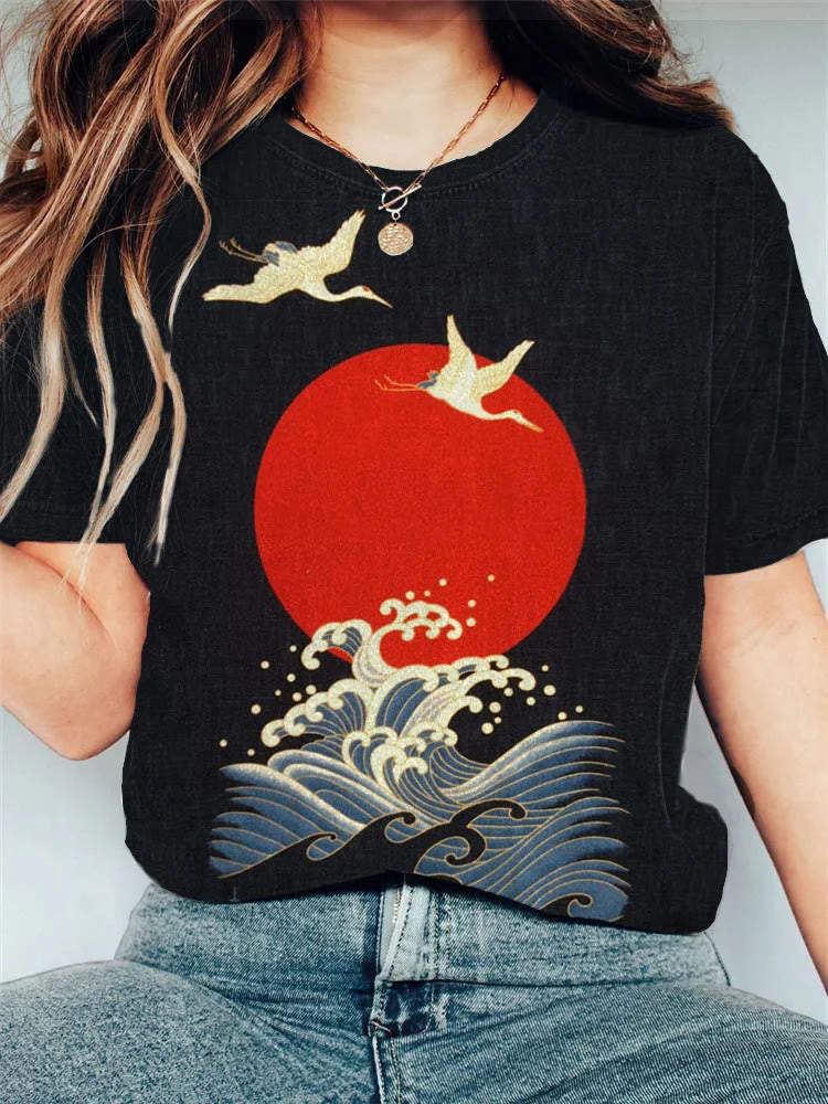 Cranes & Sunrise Japanese Art T-shirt