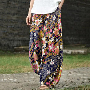 Japanese Plum Blossom Geometric Patchwork Print Casual Pants