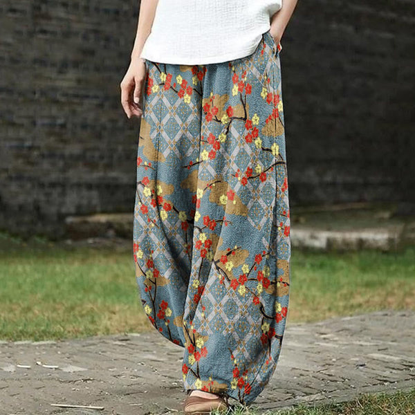 Patchwork Plum Blossom Print Casual Pants