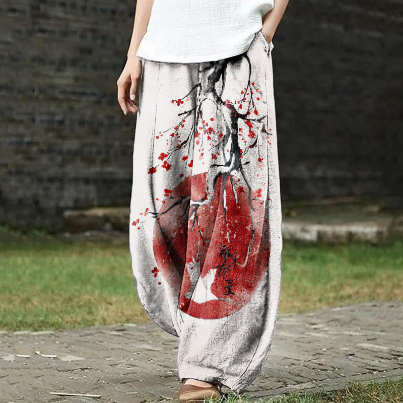 Japanese Style Sun Crane Plum Blossom Print Casual Pants