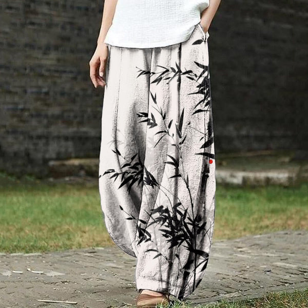 Ink Painting Bamboo Print Japanese Style Casual Pants