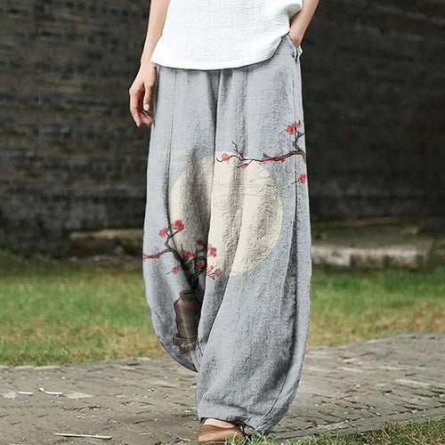 Ancient Moon Plum Blossom Print Japanese Style Casual Pants