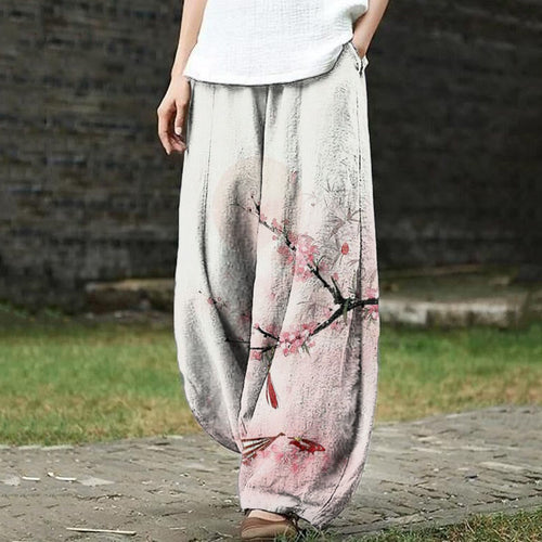 Ancient Cherry Blossom Print Japanese Style Casual Pants