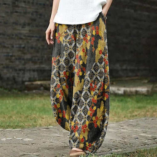 Japanese Retro Plum Blossom Patchwork Print Casual Pants