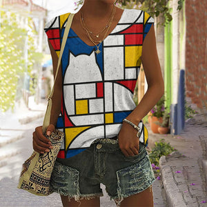 Colorblock Geometric Abstract Cat Art Print Casual Tank Top