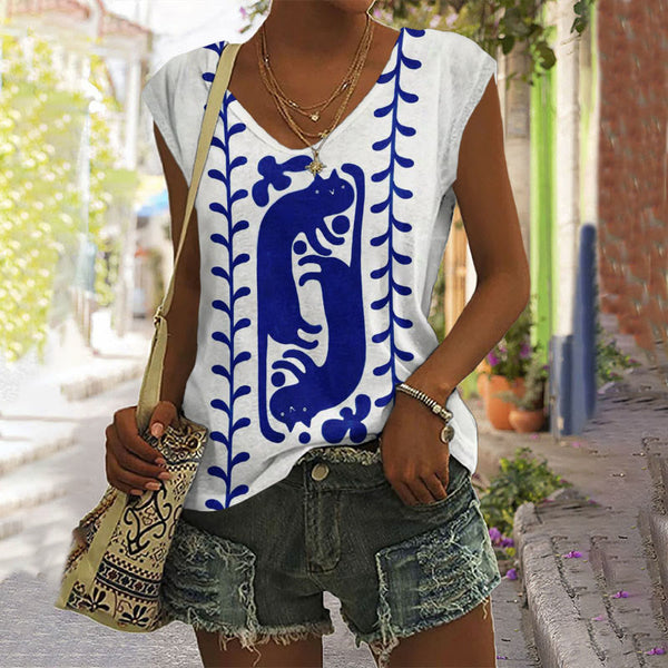 Abstract Creative Cute Cat Print Casual V-neck Tank Top