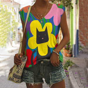 Colorful Flower Cat Art Print Casual V-neck Tank Top