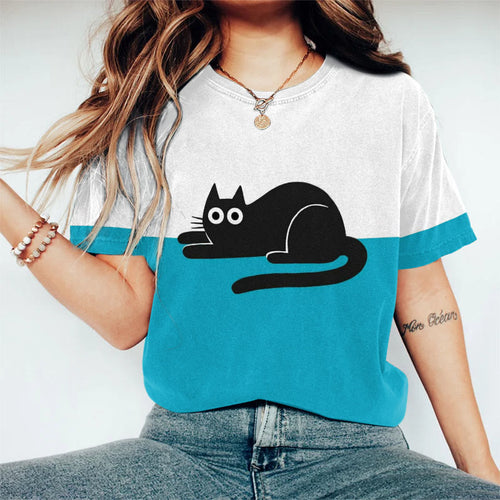 Colorblock Cute Black Cat Art Print T-shirt