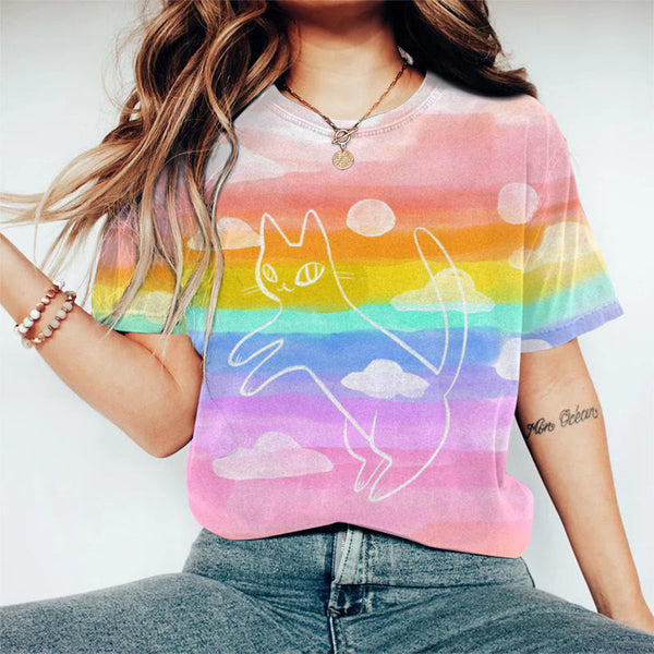 Fantasy Rainbow Colorblock Cat Art Print T-shirt