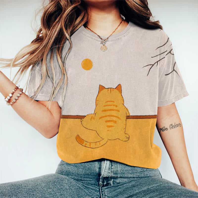 Cute Orange Cat Climbing Wall Print T-shirt