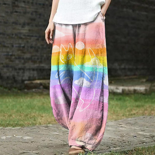 Fantasy Rainbow Colorblock Cat Art Print Casual Pants