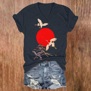 Cranes & Sunrise Japanese Art Vintage Print V-neck T-shirt