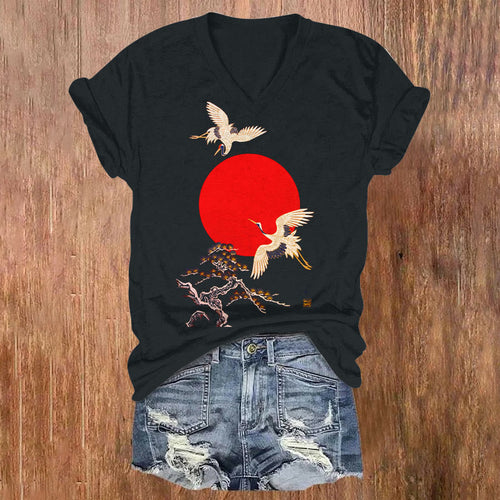 Cranes & Sunrise Japanese Art Vintage Print V-neck T-shirt