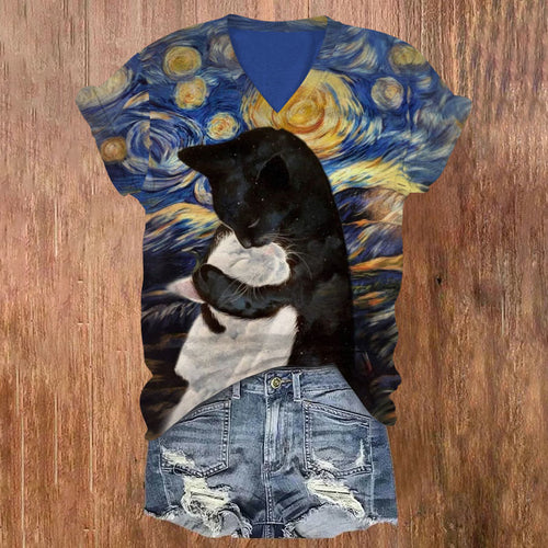 Cats Embrace At Starry Night Art Print V-neck T-shirt