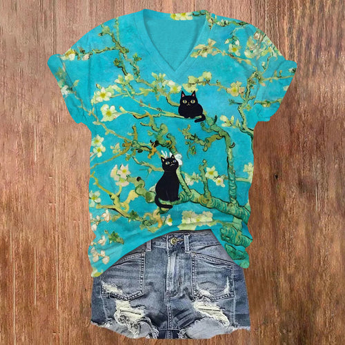 Van Gogh Almond Blossoms Cat Art Print V-neck T-shirt