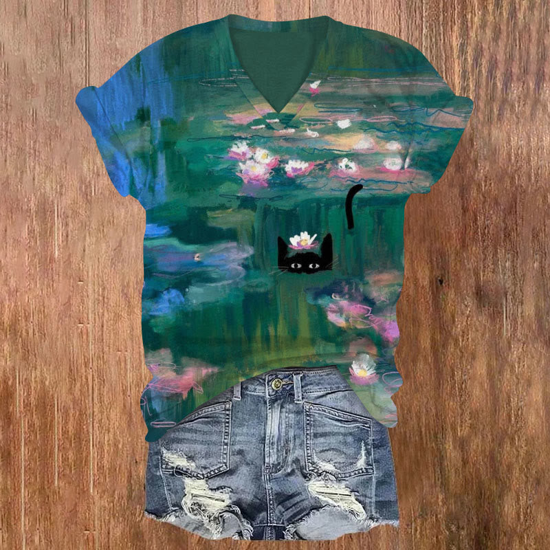 Funny Black Cat In Claude Monet's Waterlily Painting Art Print V-neck T-shirt