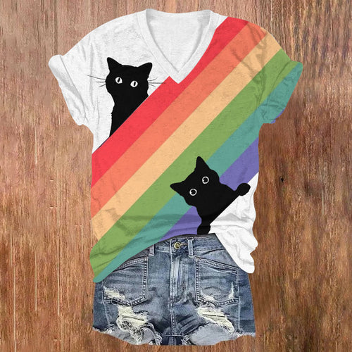 Black Cat In The Rainbow Print V-neck T-shirt