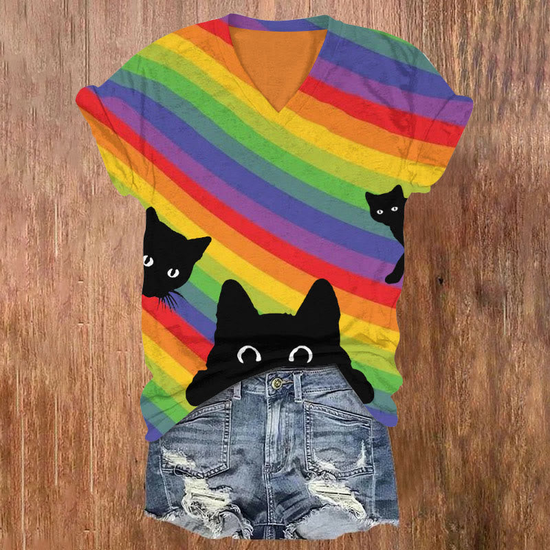 Black Cat In Rainbow Stripes Print V-neck T-shirt