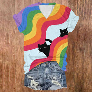 Black Cat On A Curved Rainbow Print V-neck T-shirt