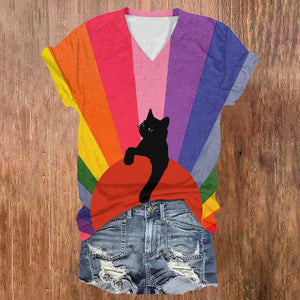 Black Cat On Red Sun And Rainbow Print V-neck T-shirt