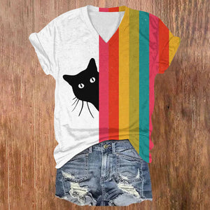 Black Cat On Rainbow Clouds Print V-neck T-shirt