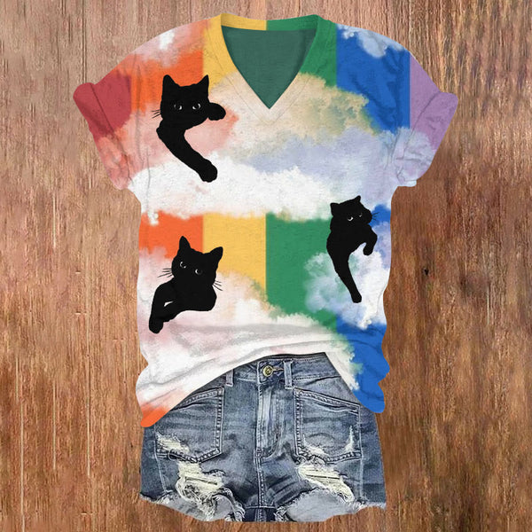 Black Cat On Rainbow Clouds Print V-neck T-shirt