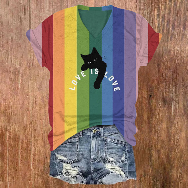 Love Is Love Rainbow Black Cat Print V-neck T-shirt