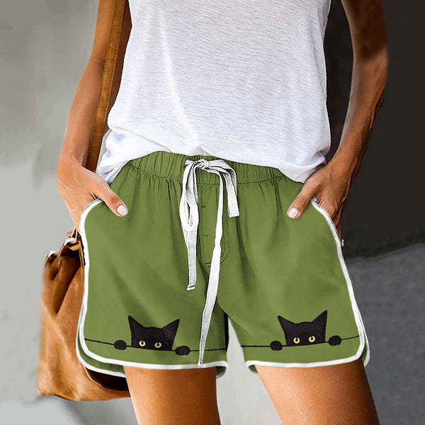 Casual Black Cat Print Drawstring Pocket Shorts