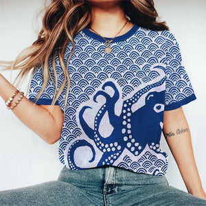 Octopus Sea Waves Art Print Vintage T-shirt