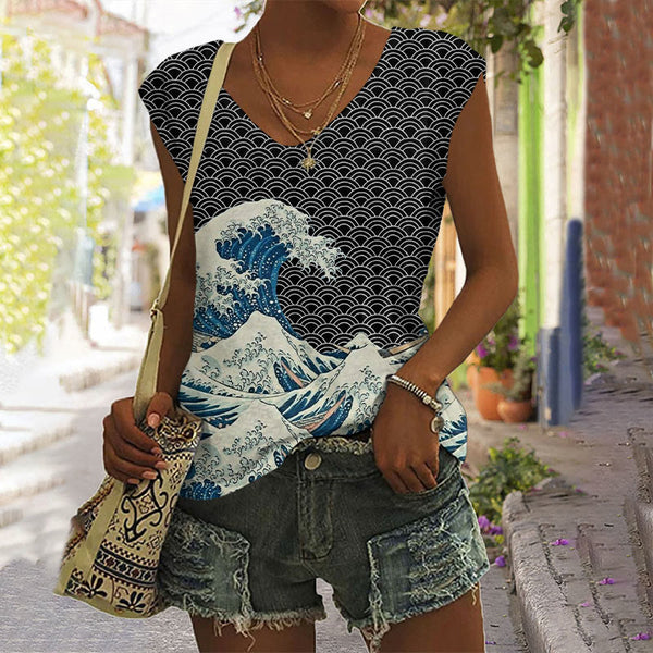 The Great Wave Off Kanagawa Inspired Japanese Art Print V-neck Tank Top