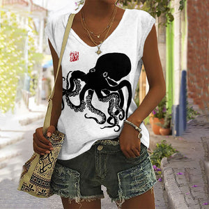 Octopus Japanese Lino Art Print V-neck Tank Top