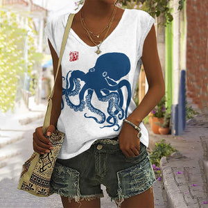 Octopus Japanese Lino Art Print V-neck Tank Top