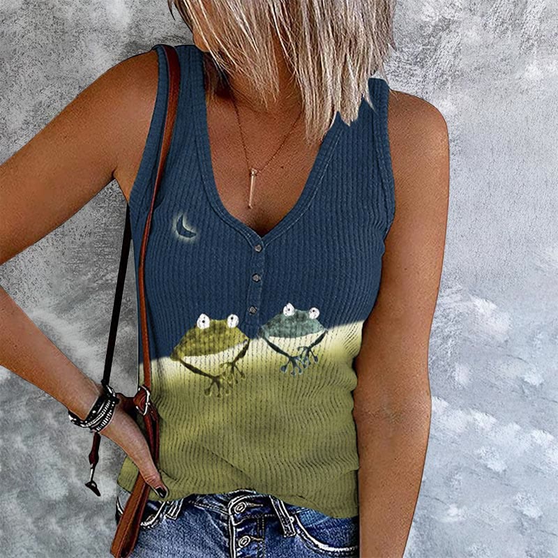 Simple Frog Color Block Print V-neck Button Tank Top