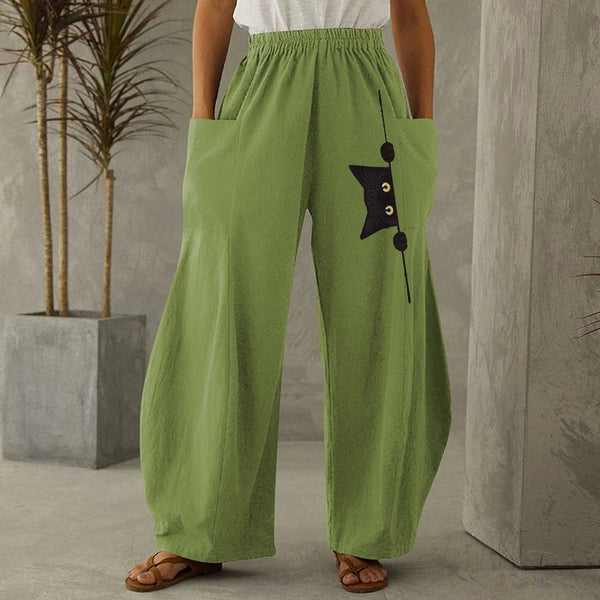 Women's Black Cat Print Casual Pants