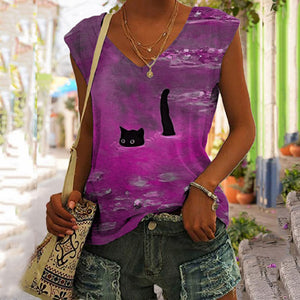 Women's Oil Painting Cat Print V-neck Tank Top