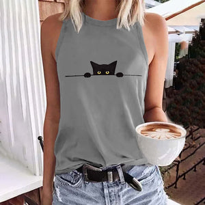 Women's Casual Black Cat Print Tank Top