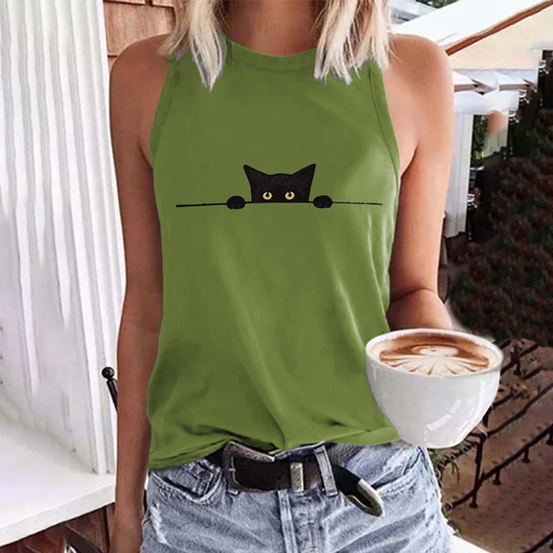 Women's Casual Black Cat Print Tank Top